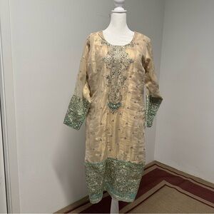 Cream and Mint Green Embroidered Salwar Kameez | One Piece Size Approx. Large